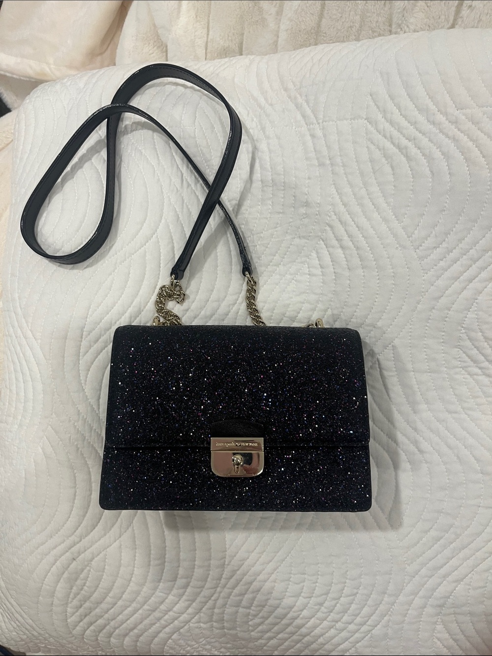 kate spade Black Glitter Crossbody with Gold Hardware and Chain Strap